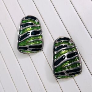 Vintage 90s 80s Clip Earrings Chunky Modernist Art Deco Silver green Metal